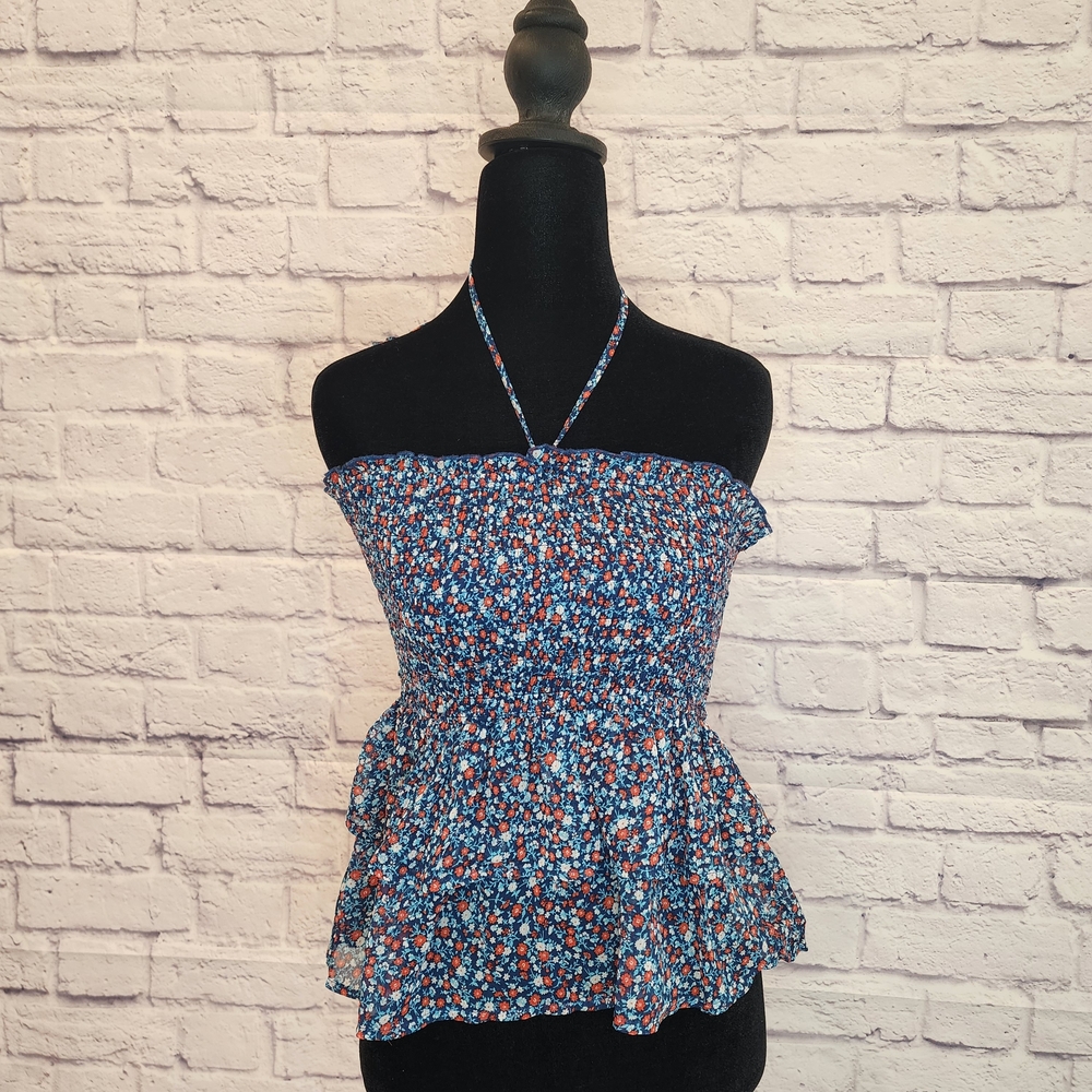 Mi Ami for Francesca's Smocked Halter Floral Peplum Top, Blue, Small
